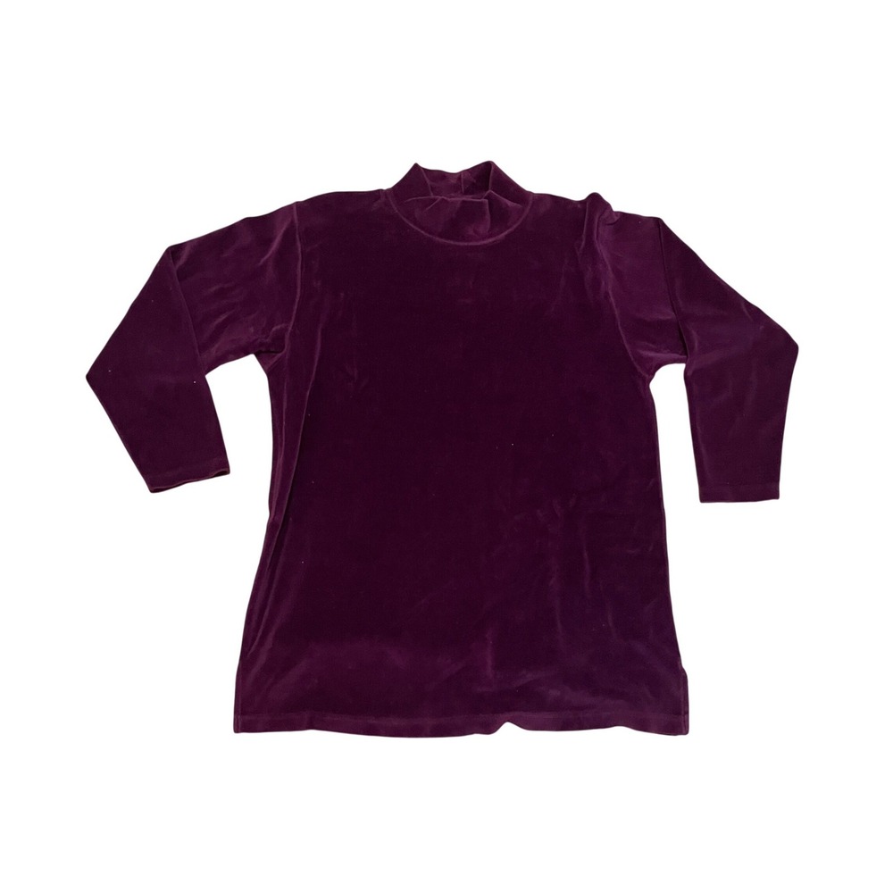VTG LL Bean Women's M Velour Mock Neck Top Burgundy Plum Long Sleeve Pullover‎